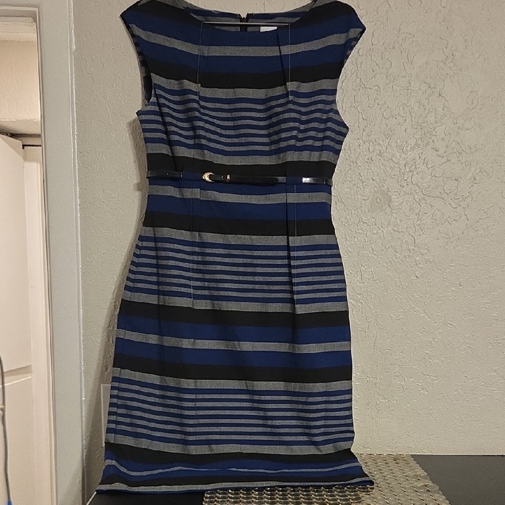 Calvin Klein Blue and Black Striped Midi Dress